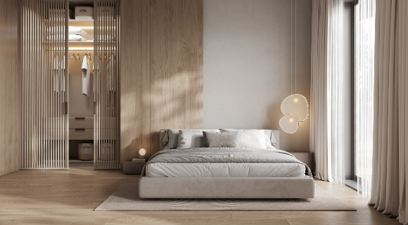 Moderner Schlafbereich mit großem Bett in neutralen Tönen, offenem Kleiderschrank mit Holzlamellen und natürlichem Tageslicht durch große Fenster.
