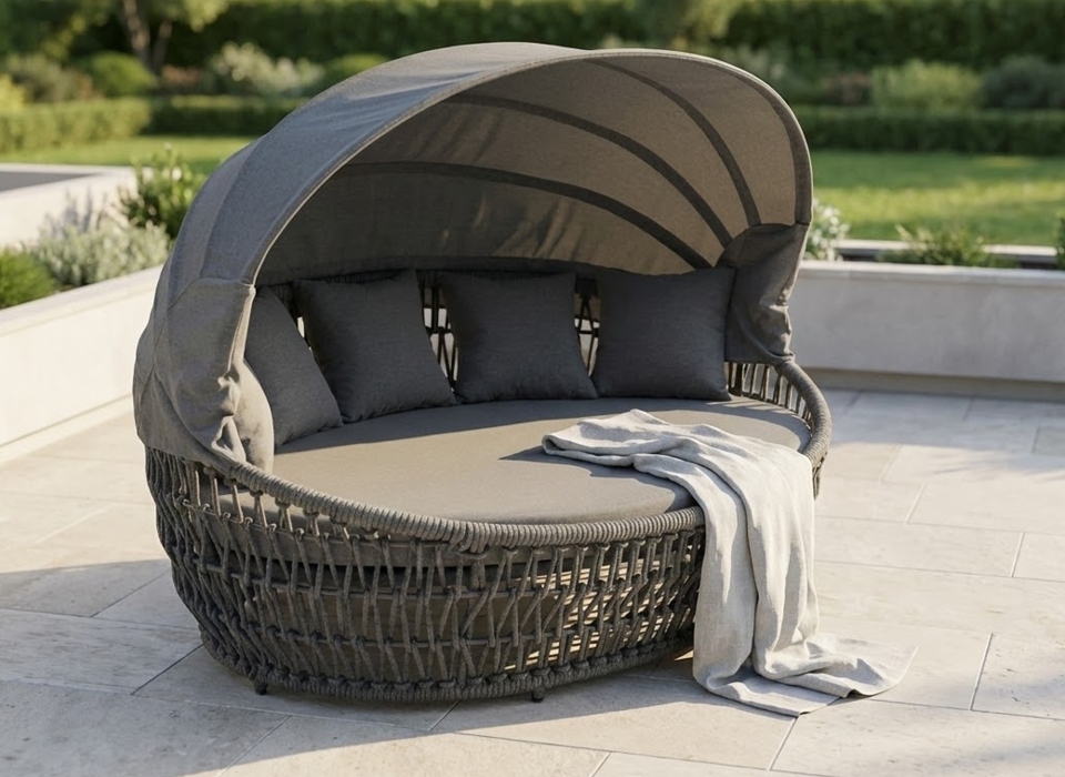 Gartenmuschel in einem Garten auf der Terrasse platziert