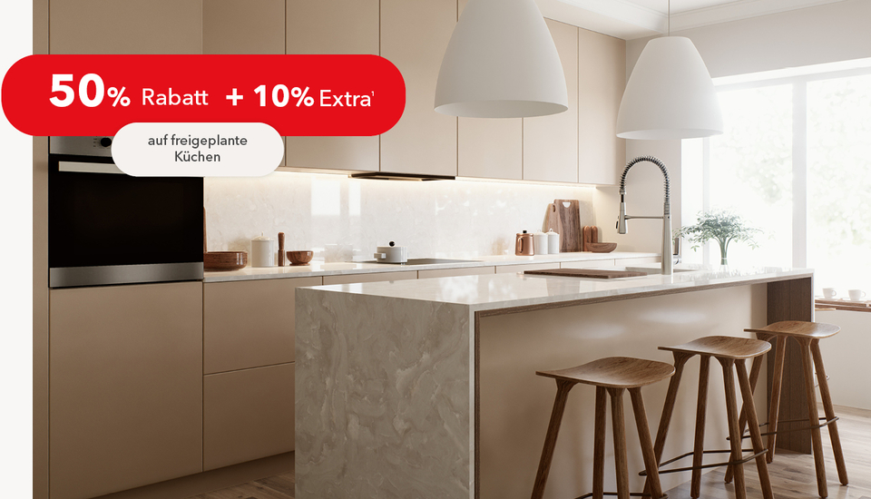 Moderne, stilvolle K&uuml;che mit hochwertigem Design &ndash; jetzt mit 50 % Rabatt plus zus&auml;tzliche 10 % Extra-Rabatt erh&auml;ltlicht + 10% Extra Rabatt