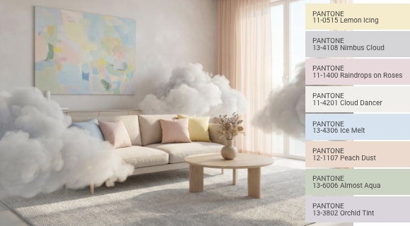 Helles Wohnzimmer mit Wolkennebel und einer sanften Pastell-Farbpalette rechts.