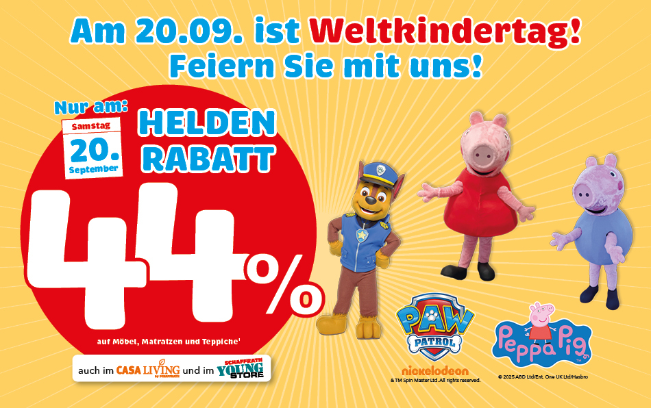 44% Rabatt auf Möbel, Matratzen und Teppiche zum Weltkindertag in Mönchengladbach mit PawPatrolPeppaPig