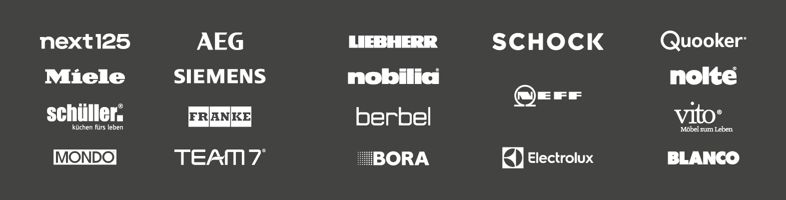 Übersichtsbanner mit Logos bekannter Küchenmarken wie next125, AEG, Miele, Siemens, Schüller, Mondo, BORA, Blanco, NEFF, Nobilia, Quooker und weiteren.