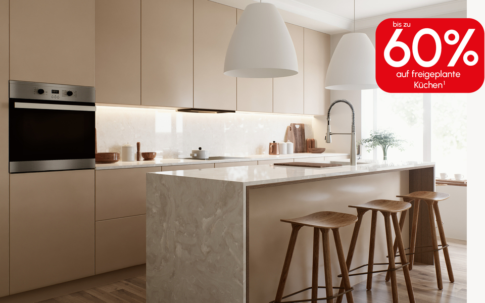 Moderne, stilvolle K&uuml;che mit hochwertigem Design &ndash; jetzt mit 50 % Rabatt plus zus&auml;tzliche 10 % Extra-Rabatt erh&auml;ltlicht + 10% Extra Rabatt