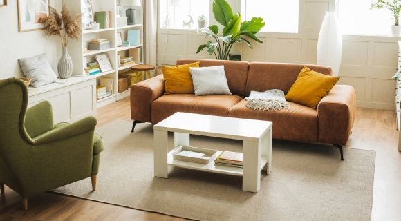 Modernes Wohnzimmer mit Sofa, Sessel und Pflanzen