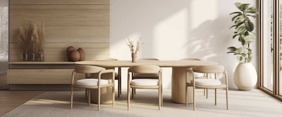 Minimalistischer Essbereich im Japandi-Stil mit Holztisch, schlichten Stühlen, Trockenblumen und großen Fenstern mit natürlichem Licht