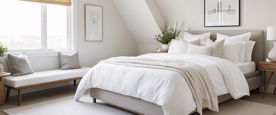 Helles, freundlich wirkendes Schlafzimmer in neutralen Beige- und Cremetönen. Im Mittelpunkt steht ein großes Boxspringbett mit gepolstertem Kopfteil, bezogen mit weißer Bettwäsche, vielen übereinander geschichteten Kissen und einer beigefarbenen Strickdecke am Fußende. Links unter dem Fenster befindet sich eine schlichte Holzbank mit hellgrauen Kissen; rechts und links stehen zierliche Nachttische mit Keramiklampe, Büchern und Vasen. Dezente Wandbilder und frische Grünpflanzen setzen natürliche Akzente. Tageslicht fällt durch das Fenster, ein heller Teppich und die Dachschräge betonen die ruhige, gemütliche Atmosphäre