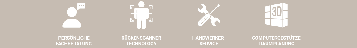 Sechs weiße Service-Icons auf beigefarbenem Hintergrund, die zentrale Leistungen rund um die Küchenplanung darstellen. Von links nach rechts:  Symbol einer stilisierten Person mit Sprechblase – steht für persönliche Fachberatung durch geschultes Personal.  Eine offene Hand mit einer Euro-Münze – symbolisiert flexible Möglichkeiten zur Küchenfinanzierung.  Gekreuzte Werkzeuge, Schraubenzieher und Schraubenschlüssel – repräsentieren einen umfassenden Handwerkerservice.  Ein 3D-Würfel mit der Aufschrift „3D“ – verweist auf moderne 3D-Computerplanung zur visuellen Darstellung Ihrer neuen Küche.  Gekreuzter Bleistift und Lineal – stehen für das präzise Aufmaß vor Ort durch Fachkräfte.  Ein Qualitätssiegel mit einem Haken in der Mitte – symbolisiert den Schaffrath 1-Jahres-Check zur Nachbetreuung nach dem Küchenkauf. Die Icons bieten eine leicht verständliche Übersicht über die angebotenen Dienstleistungen.