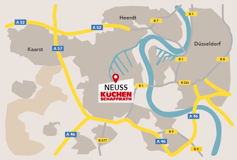 Karte von Neuss mit Standort-Kennzeichnung der lokalen Schaffrath-Filiale