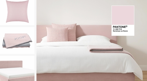 Helles Schlafzimmer mit rosafarbenem Bett, Kissen und Decke im Farbton Pantone Raindrops on Roses