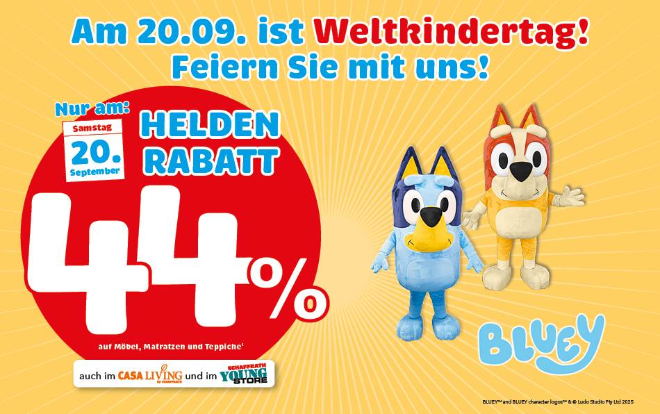 44% Rabatt auf Möbel, Matratzen und Teppiche zum Weltkindertag in Krefeld mit Bluey