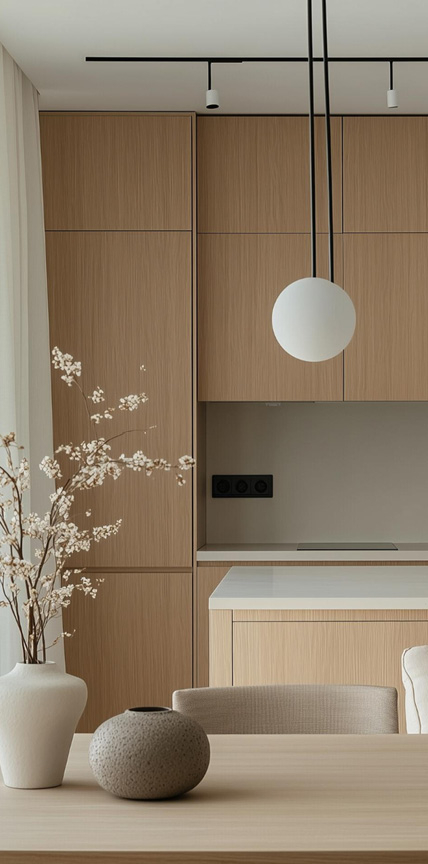 Minimalistische Küche mit Holzverkleidung und schlichter Einrichtung. Im Vordergrund steht ein Holztisch mit dekorativen Vasen, darunter eine mit trockenen Zweigen. Eine moderne Pendelleuchte mit einer weißen Kugel hängt von der Decke und ergänzt das zurückhaltende, elegante Design