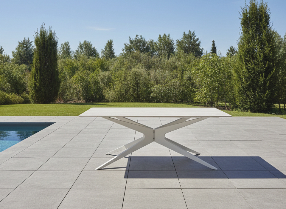 Keramik Tisch auf Terrasse neben Pool