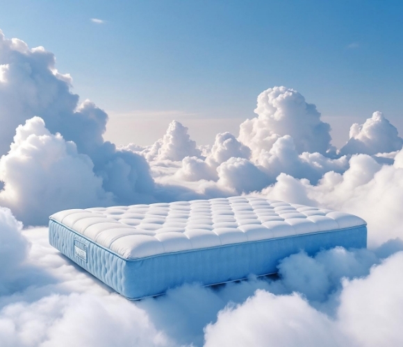 Wei&szlig;e Matratze liegt auf einer dichten Wolkendecke unter blauem Himmel mit gro&szlig;en Quellwolken.