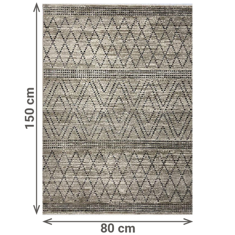 Rechteckiger Teppich in Naturtönen mit grafischem Muster aus schwarzen Linien. Das Design besteht aus wiederkehrenden Dreiecks- und Rautenformen in horizontalen Streifen. Der Teppich ist von oben fotografiert, mit Maßangaben: 150 cm Länge und 80 cm Breite.