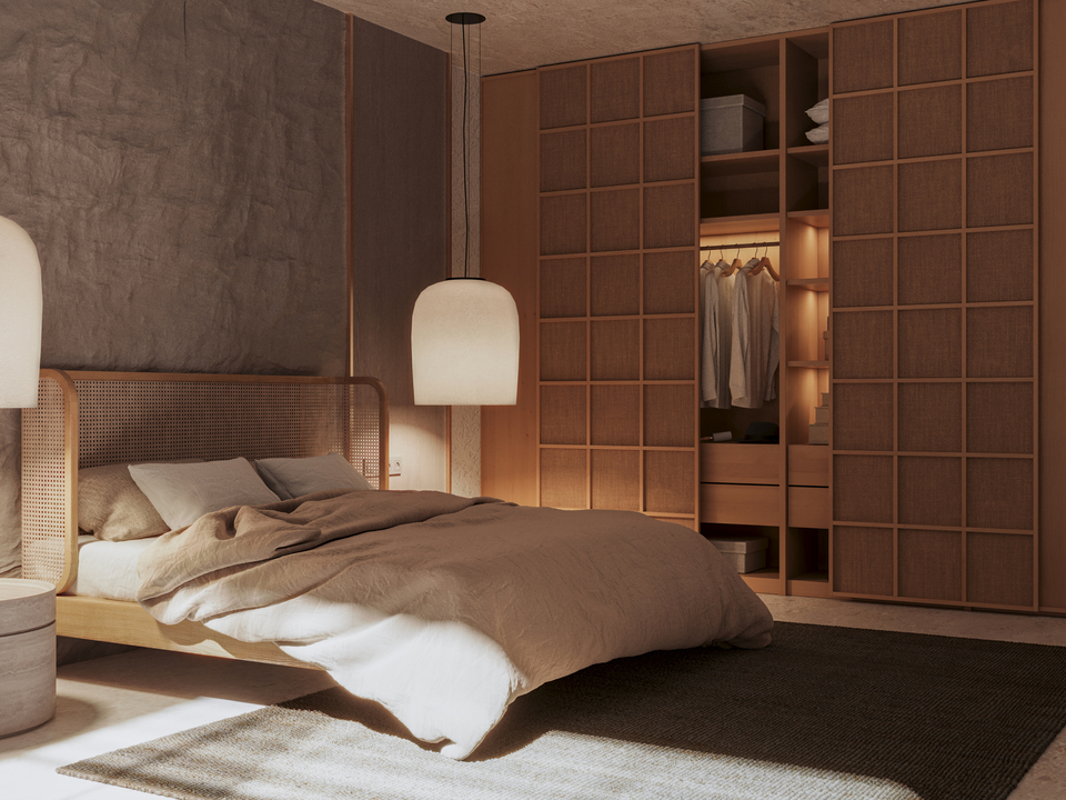 Japandi-Schlafzimmer mit Holzdetails, warmem Licht und Naturtextilien