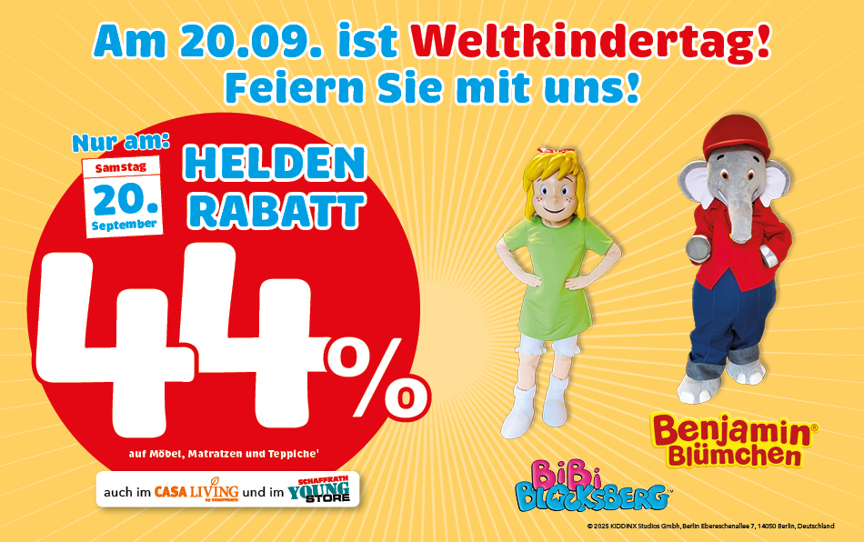 44% Rabatt auf Möbel, Matratzen und Teppiche zum Weltkindertag in Mönchengladbach mit Benjamin bluemnchen und Bibi Blocksberg