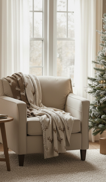 Weihnachtsdecke liegt über gemütlichem Sessel im weihnachtlich dekorierten Wohnzimmer