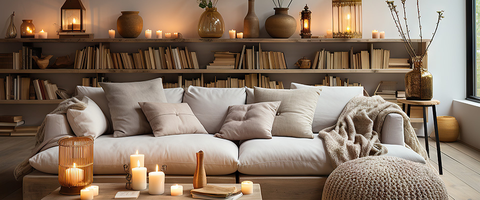 Gemütlich eingerichtetes Wohnzimmer mit beiger Couch, vielen Kissen, Kerzenlicht und warmen Holztönen