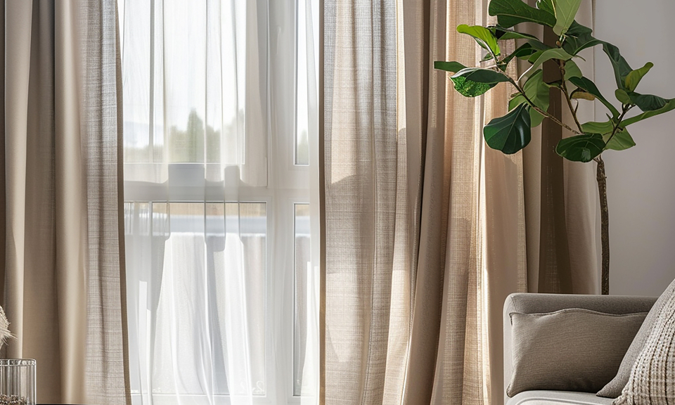 Helles Wohnzimmer mit Vorhängen, Sofa, runder Couchtisch und großer Zimmerpflanze.