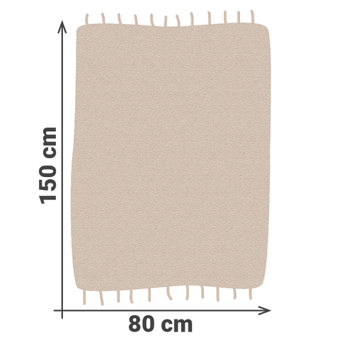 Rechteckiger Outdoorteppich in Beige- und Grautönen mit gewebtem Streifenmuster. Die Streifen variieren in Textur und enthalten teils geometrische, teils ornamentale Motive. Der Teppich wirkt robust und wetterbeständig. Maße: 150 cm Länge und 80 cm Breite.