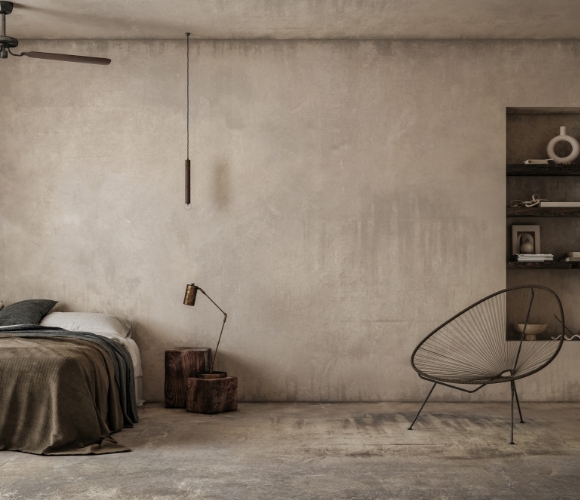 Schlafzimmer im Industrial Style mit Betonboden, rauer Wand und minimalistischen Möbeln