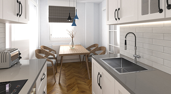 Stilvolle Wohnküche mit weißen Fronten, Metrofliesen und kleinem Essplatz am Fenster.