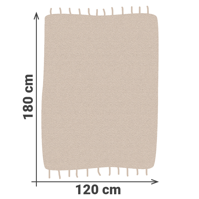 Rechteckiger Teppich in hellem Beige mit dezentem, orientalisch inspiriertem Muster. Die Gestaltung ist fein strukturiert und wirkt leicht verwaschen, was dem Teppich einen eleganten Vintage-Look verleiht. Die Ma&szlig;e sind angegeben: 180 cm L&auml;nge und 120 cm Breite.