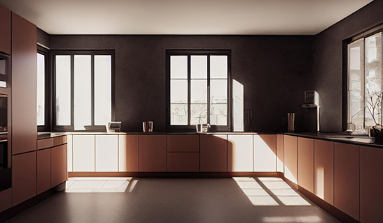 Großzügige, moderne Küche in L-Form mit glatten, grifflosen Fronten in warmem Braunton. Die Wände sind dunkel gehalten, wodurch das natürliche Licht, das durch mehrere große Fenster einfällt, stark hervorsticht und interessante Licht- und Schattenspiele auf dem Boden und den Schränken erzeugt. Die Küche ist aufgeräumt und reduziert eingerichtet, mit einzelnen Küchengeräten wie Wasserkocher, Kaffeemaschine und Gläsern entlang der Arbeitsfläche. Die klaren Linien und die kontrastreiche Lichtstimmung verleihen dem Raum eine elegante, fast architektonische Wirkung.