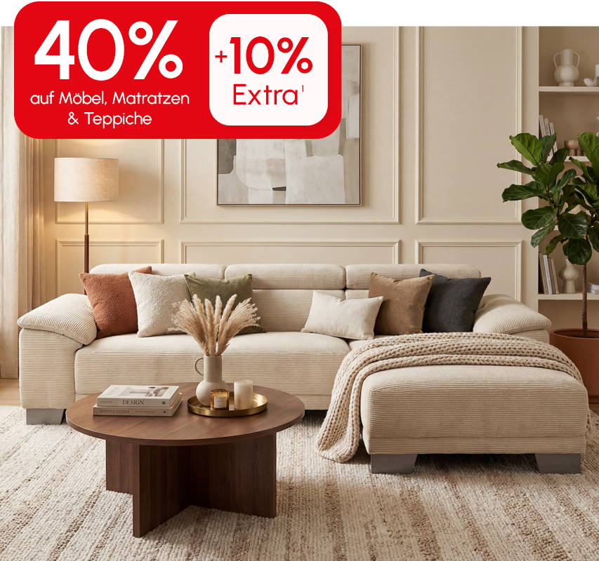40% Rabatt auf M&ouml;bel, Matratzen und Teppiche erh&auml;ltlicht + 10% Extra Rabatt