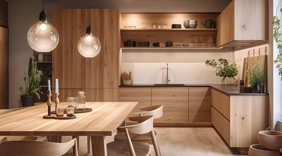 Gemütliche Küche im klassischen Stil mit durchgehendem Holzdesign, offenen Regalen, moderner Beleuchtung und angrenzendem Esstisch; grüne Pflanzen sorgen für eine natürliche Atmosphäre.