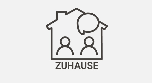 Symbol für Beratung zu Hause: Ein stilisiertes Haus mit zwei Figuren und einer Sprechblase darüber. Unterhalb des Hauses steht das Wort Zuhause'