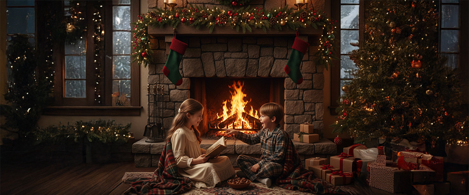 Zwei Kinder sitzen gemütlich vor einem festlich geschmückten Kamin und lesen ein Buch. Neben dem Weihnachtsbaum liegen Geschenke, und das Feuer sorgt für eine warme, stimmungsvolle Atmosphäre.