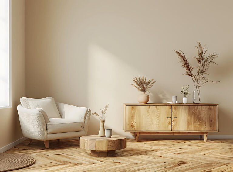 Gemütlich eingerichtetes Wohnzimmer in Beige-Tönen. Ein cremefarbener Sessel und ein Holz-Sideboard stehen vor einer Wand.