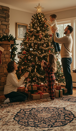 Eine Familie schmückt gemeinsam einen festlich beleuchteten Weihnachtsbaum. Geschenke liegen darunter, und das warme Licht schafft eine fröhliche Atmosphäre.