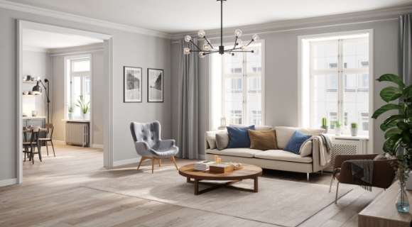 Wohnzimmer im skandinavischen Stil mit blauen, grauen und braunen Akzenten.