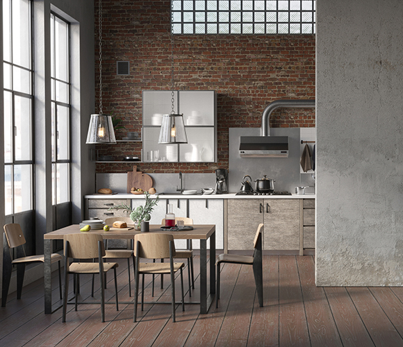 Designküche im Loft mit Betonwand, Esstisch aus Holz und Küchenzeile aus Edelstahl.