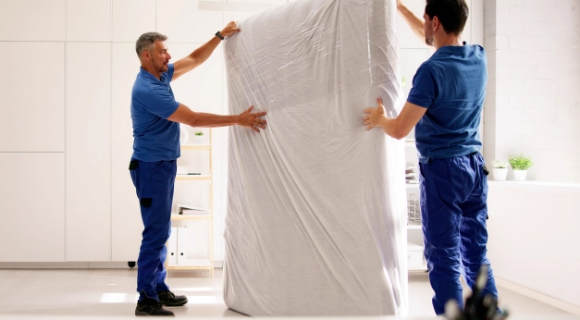 Zwei Männer in blauer Arbeitskleidung tragen eine verpackte Matratze durch einen hellen Raum.