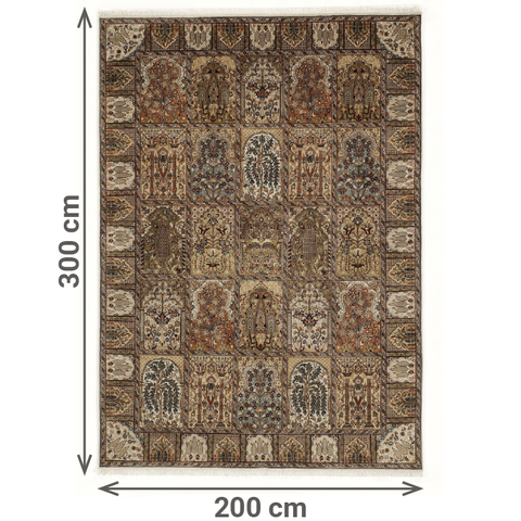 Großer, rechteckiger Orientteppich mit aufwendigem Patchwork-Design aus stilisierten Feldern, die an Torbögen erinnern. Jedes Feld zeigt detailreiche florale und ornamentale Muster in warmen Beige-, Braun-, Rost- und Blautönen. Die Bordüre greift das Motiv in kleineren Segmenten wieder auf. Maße: 300 cm Länge und 200 cm Breite.