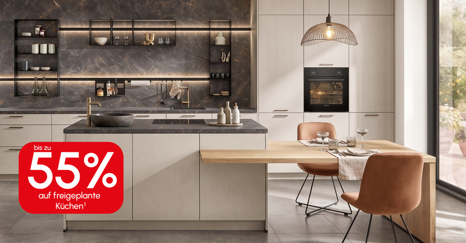 Moderne, stilvolle K&uuml;che mit hochwertigem Design &ndash; jetzt mit 50 % Rabatt plus zus&auml;tzliche 10 % Extra-Rabatt erh&auml;ltlicht + 10% Extra Rabatt