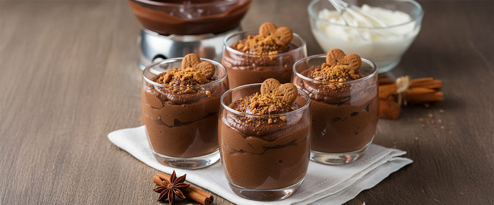 Vier Gläser mit cremigem Lebkuchenmousse sind festlich angerichtet. Keksherzen und Gewürze verleihen dem Dessert eine weihnachtliche Note.