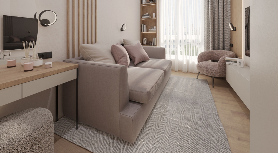 Schmales Wohnzimmer mit ausziehbarer Couch