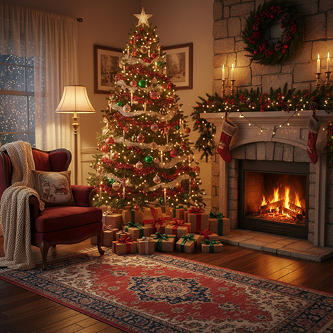 Ein festlich geschmückter Weihnachtsbaum steht neben einem brennenden Kamin im Wohnzimmer. Geschenke, warme Beleuchtung und klassische Dekoration sorgen für eine stimmungsvolle Atmosphäre.