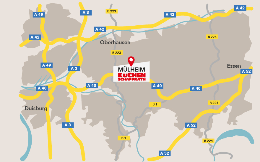 Karte von Mülheim mit Standort-Kennzeichnung der lokalen Schaffrath-Filiale