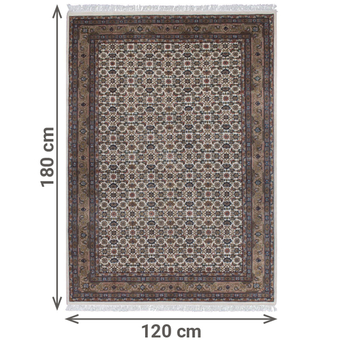 Rechteckiger Orientteppich mit feinem, symmetrischem Muster aus kleinen, floralen und geometrischen Elementen in Braun, Beige, Blau und Rot. Der Teppich hat eine breite Bordüre mit klassischen Ornamenten und kurze weiße Fransen an den Schmalseiten. Maße sind angegeben: 180 cm Länge und 120 cm Breite.