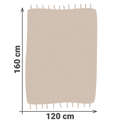Rechteckiger Outdoorteppich in hellem Beige mit modernem, erhabenem Linienmuster. Die geschwungenen Linien bilden Halbkreise und Bögen, die sich zu einem symmetrischen, abstrakten Design verbinden. Der Teppich wirkt wetterbeständig und pflegeleicht. Maße: 160 cm Länge und 120 cm Breite.