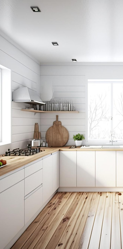Helle, klassische Küche mit Holzdetails und weißer Verkleidung. Die Küche hat eine L-Form mit weißen Schränken und einer Holzarbeitsplatte. Auf der Arbeitsfläche stehen Schneidebretter und eine kleine Pflanze. Über der Arbeitsfläche befinden sich Regale mit dekorativem Geschirr. Ein großes Fenster lässt viel Tageslicht in den Raum, und der Boden besteht aus Holzplanken