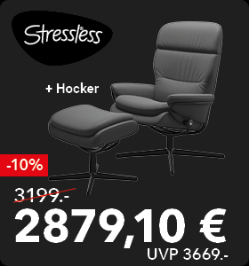 Grauer hochwertiger Stressless Relaxsessel Rome M aus Leder mit passendem Hocker (Größe M) im klassischen Stil. Jetzt statt 3699 Euro nur noch 2879,10 Euro im Schaffrath Black Sale.