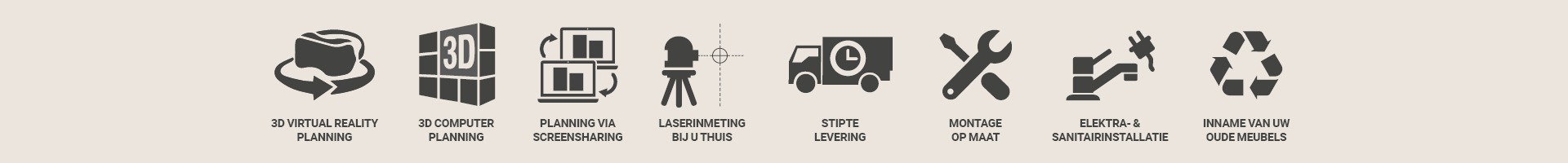 Vier symbolen naast elkaar met beschrijvingen van verschillende diensten. Van links naar rechts: een bestelwagen met kloksymbool en de tekst Stipte levering', een gekruiste moersleutel en schroevendraaier met de tekst 'Montage op maat', een waterkraan en een stekker met de tekst 'Elektra- & sanitairinstallatie' en een recyclingsymbool met de tekst 'Afvoer van uw oude meubelen'