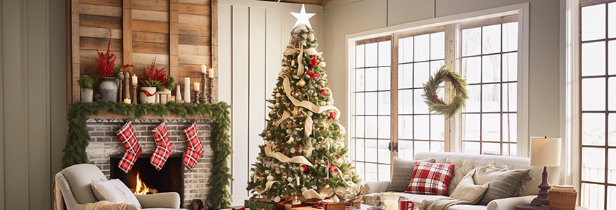 Ein helles Wohnzimmer ist festlich mit einem Weihnachtsbaum, Girlanden und Strümpfen am Kamin dekoriert. Durch große Fenster fällt Tageslicht und unterstreicht die gemütliche Atmosphäre.