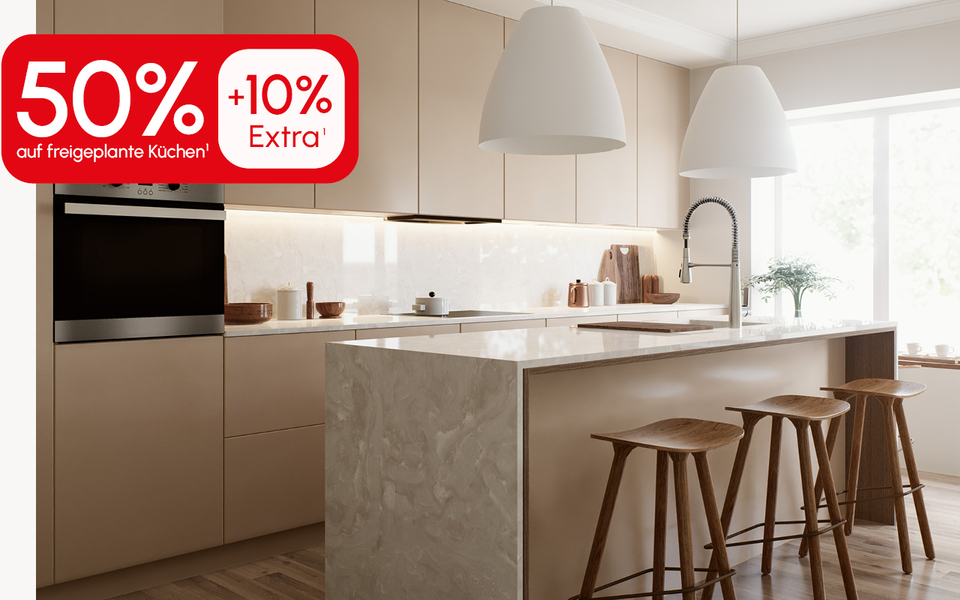 Moderne, stilvolle K&uuml;che mit hochwertigem Design &ndash; jetzt mit 50 % Rabatt plus zus&auml;tzliche 10 % Extra-Rabatt erh&auml;ltlicht + 10% Extra Rabatt